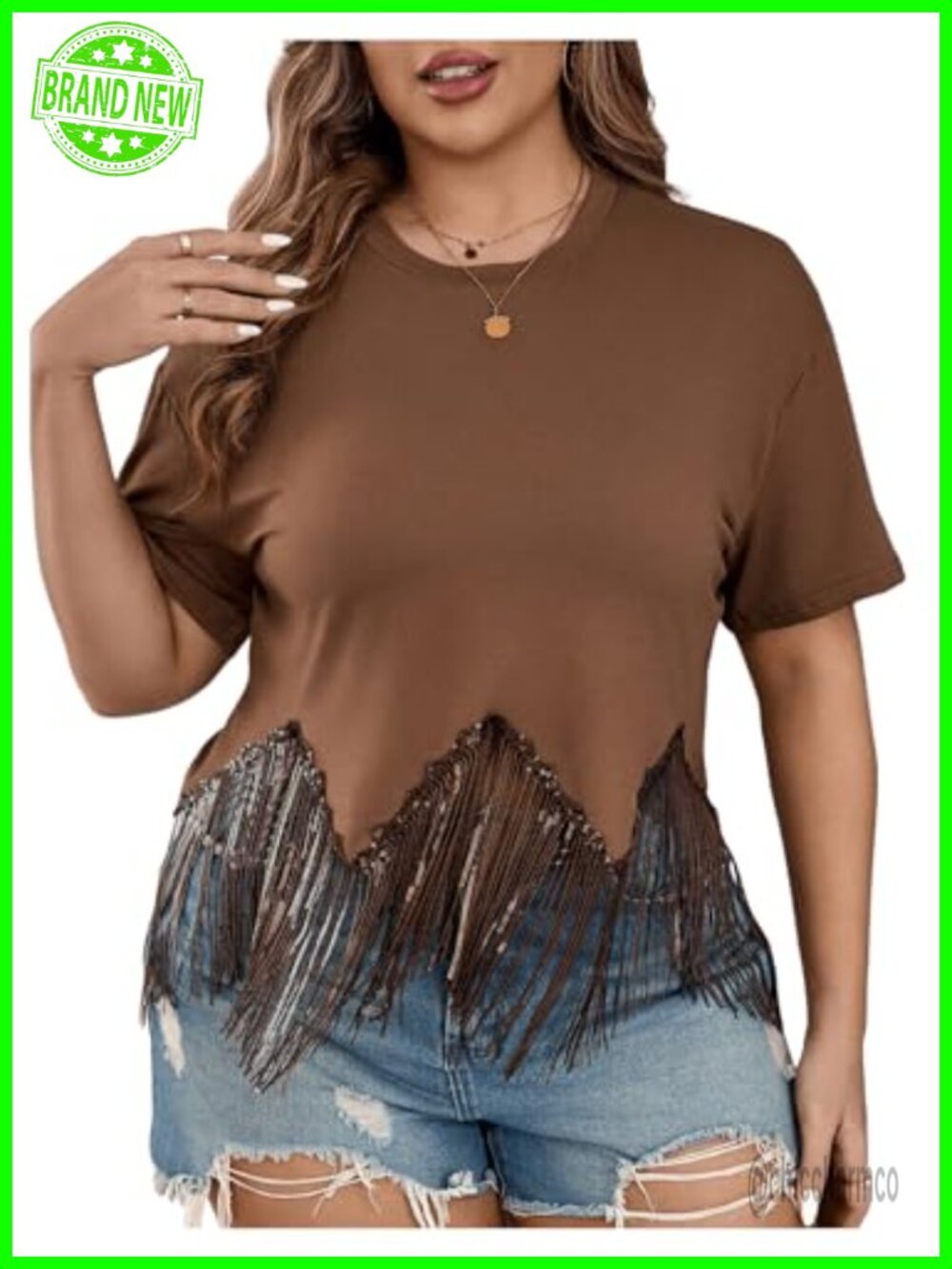 Women's Plus Size Fringe Sequin Tassel Tee Crop Top Short Sleeve